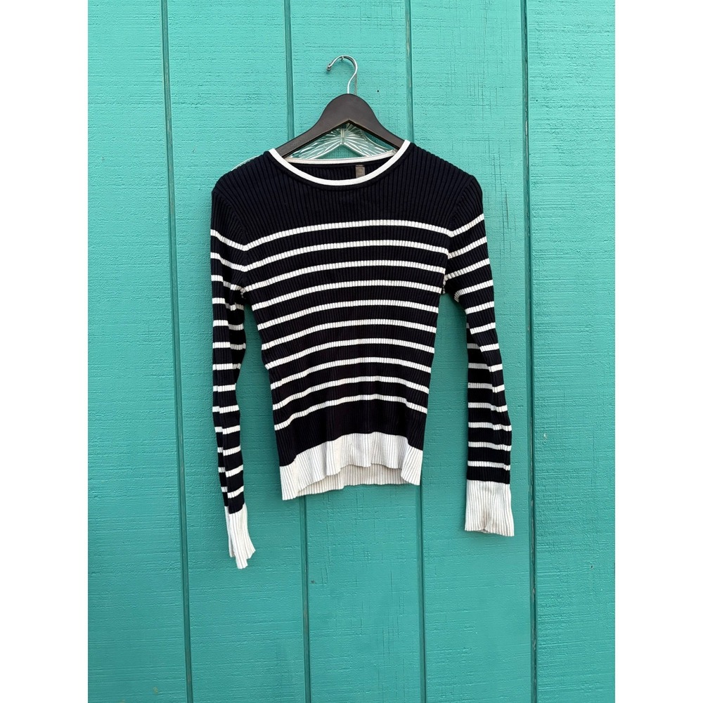 Striped Ribbed Knit Long Sleeve Top Nautical Button‎ Detail Navy White L